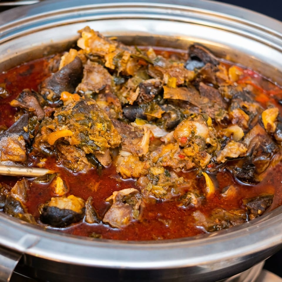 Stainless-steel serving dish filled with mussels and seafood simmered in a rich red sauce.